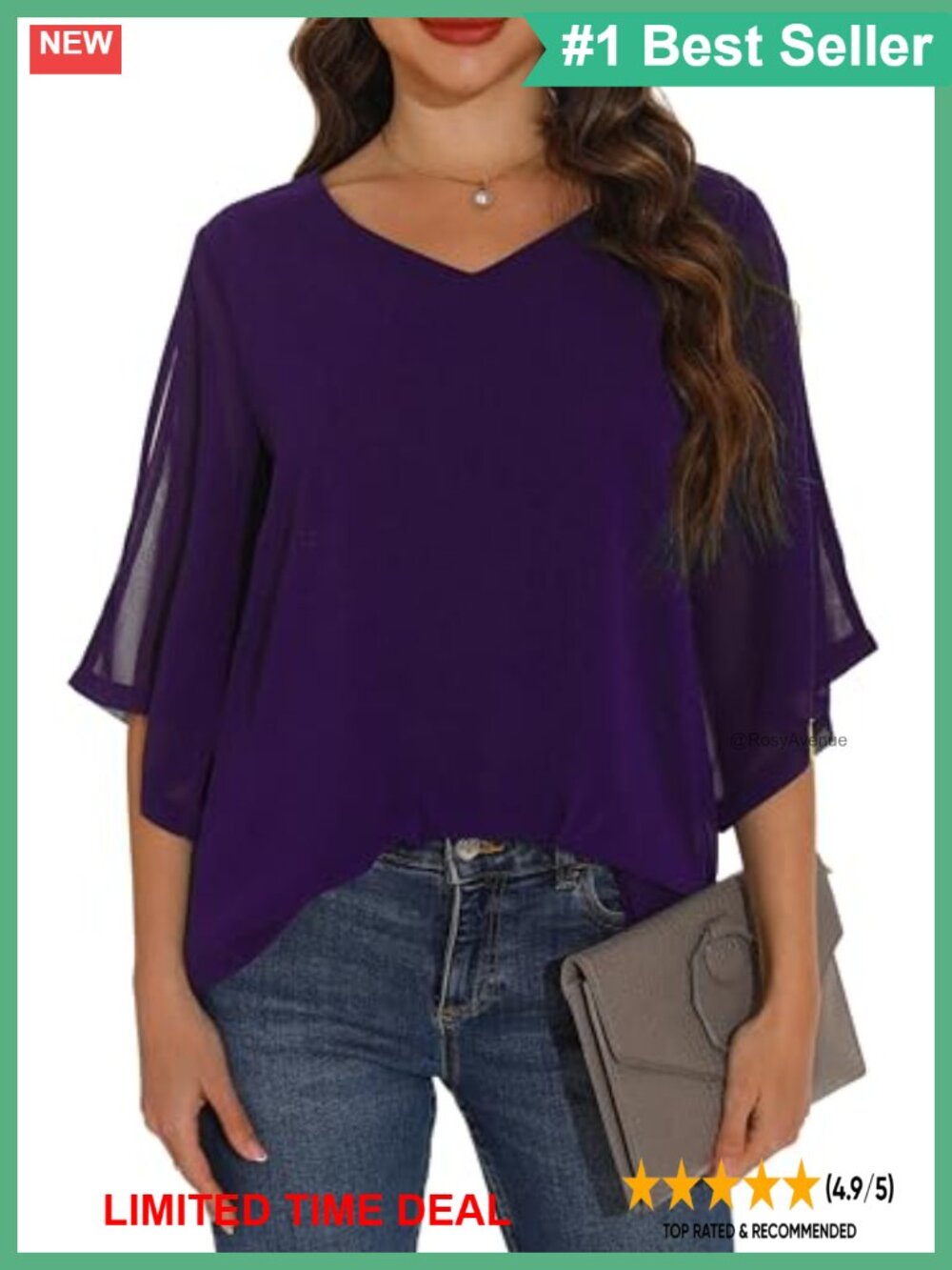 Chiffon V Neck Ruffle 3/4 Sleeve Blouse